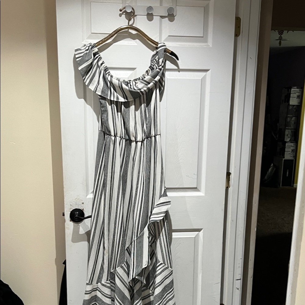 Elegant Black and White Striped Off-Shoulder Dress